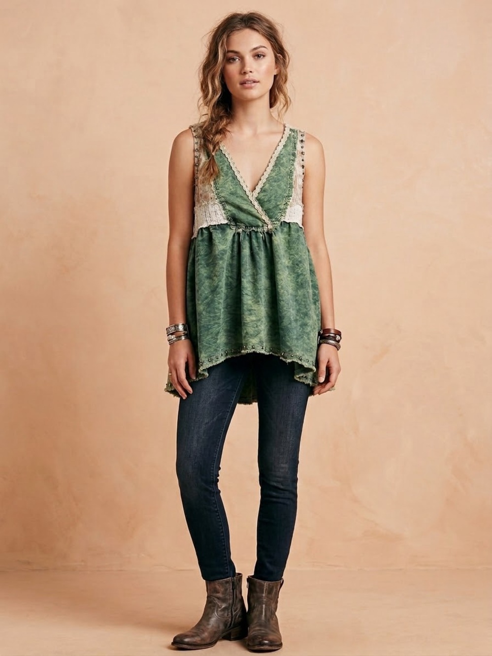POL Boho V-Neck Green Lace Trim Sleeveless Top